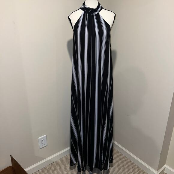 Halogen Wide Leg Halter Neck Black White Striped Flowy Jumpsuit Tie Neck Size XS - Picture 2 of 13
